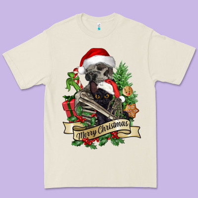 Merry Christmas Skeleton With Black Cat Premium Tee Designed By Nancycooperartshop