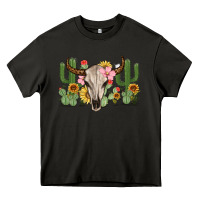 Asphalt bull skull with cactus Heavy Core Tee - MaliasSmallBusiness