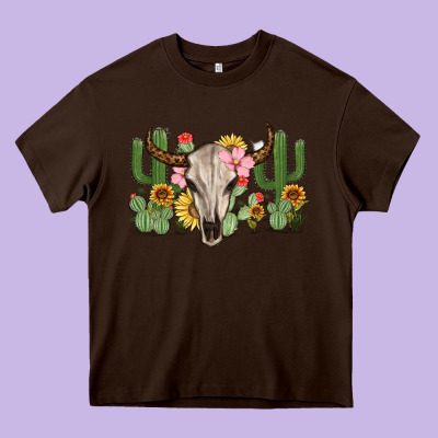 Bull Skull With Cactus Heavy Core Tee Designed By Maliassmallbusiness