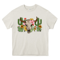 Cream bull skull with cactus Heavy Core Tee - MaliasSmallBusiness