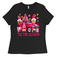 Black Tis' the season pink Christmas gnomes truck Ladies Tee - NancyCooperArtShop