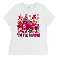 White Tis' the season pink Christmas gnomes truck Ladies Tee - NancyCooperArtShop