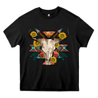 Black aztec western bull skull Heavy Core Tee - NancyCooperArtShop