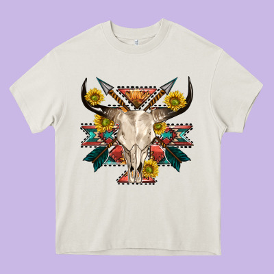 Aztec Western Bull Skull Heavy Core Tee Designed By Nancycooperartshop