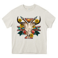 Cream aztec western bull skull Heavy Core Tee - NancyCooperArtShop