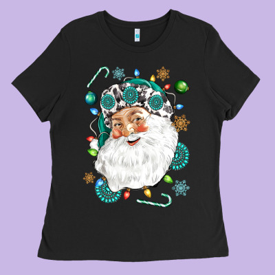 Western Santa Christmas Ladies Tee Designed By Nancycooperartshop