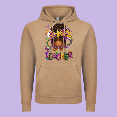 Mardi Gras Teacher Afro Messy Bun Vintage Hoodie Designed By Texasbilliewilder
