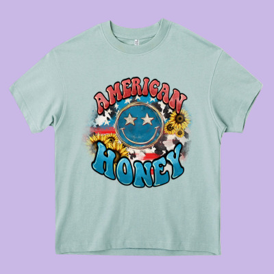 American Honey Smiley Heavy Core Tee Designed By Nancycooperartshop