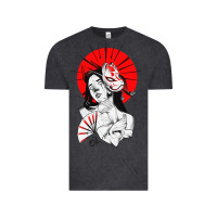 Vintage Black japanese geisha samurai fox mask red sun Vintage Tee - tuanDangUi