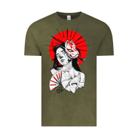 Vintage Olive japanese geisha samurai fox mask red sun Vintage Tee - tuanDangUi