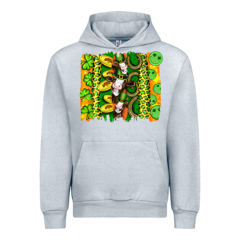 St Patricks Cow And Coin Wıth Clovers And Leopard Brushstrokes Urban Hoodie by Artiststas | Teevron