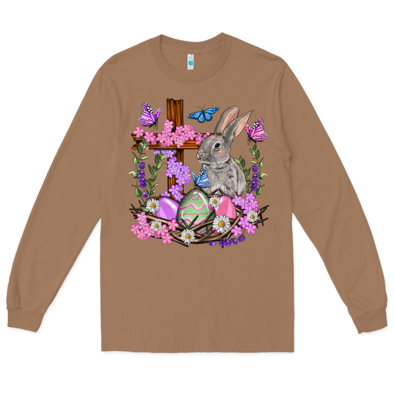 Easter Eggs And Bunny With Cross Easter Day Long Sleeve Tee by HowdyJamesFarm | Teevron