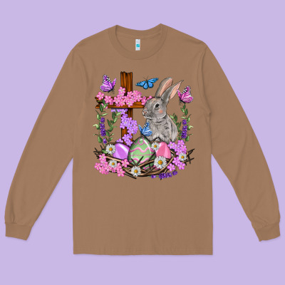 Easter Eggs And Bunny With Cross Easter Day Long Sleeve Tee Designed By Howdyjamesfarm