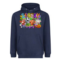 Navy Spooky Vibes Ghost Heavyweight Hoodie - CowhideDigitalArt