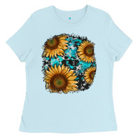 Baby Blue sunflower cowhide and turquoise patches Ladies Tee - RanaPortraitStore