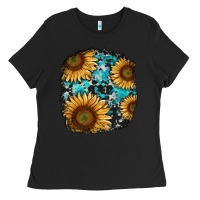 Black sunflower cowhide and turquoise patches Ladies Tee - RanaPortraitStore