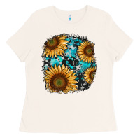 Bone sunflower cowhide and turquoise patches Ladies Tee - RanaPortraitStore
