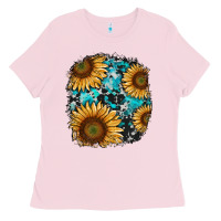 Bubblegum Pink sunflower cowhide and turquoise patches Ladies Tee - RanaPortraitStore