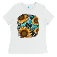 White sunflower cowhide and turquoise patches Ladies Tee - RanaPortraitStore