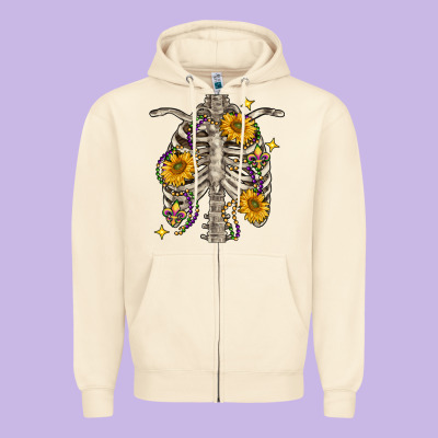 Mardi Gras Chest Sunflowers Skeleton Zipper Hoodie Designed By Fadigitalartstudio