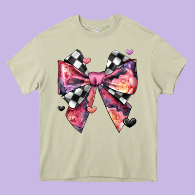 Coquette Bow Floral Checkered Pattern Heavy Core Tee Designed By Jahusdesignshop