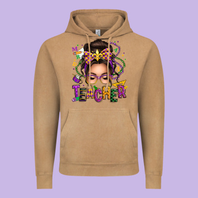 Mardi Gras Teacher Caucasian Messy Bun Vintage Hoodie Designed By Texasbilliewilder