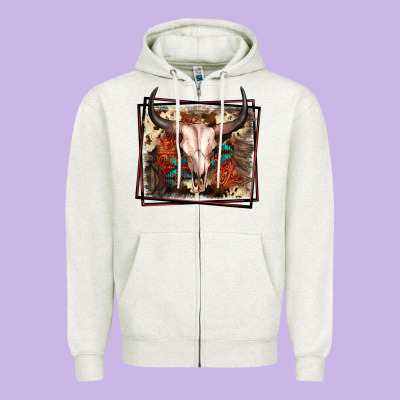 Western Bull Skull Zipper Hoodie Designed By Fadigitalartstudio