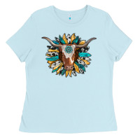 Baby Blue texas longhorn sunflower background Ladies Tee - RanaPortraitStore