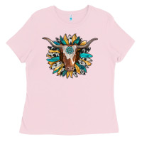 Bubblegum Pink texas longhorn sunflower background Ladies Tee - RanaPortraitStore