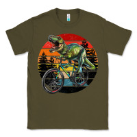 Army Green t rex dinosaur riding bicycle with retro forest sunset Classic Tee - RanaPortraitStore