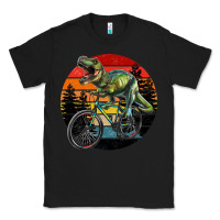 Black t rex dinosaur riding bicycle with retro forest sunset Classic Tee - RanaPortraitStore
