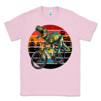 Bubblegum Pink t rex dinosaur riding bicycle with retro forest sunset Classic Tee - RanaPortraitStore