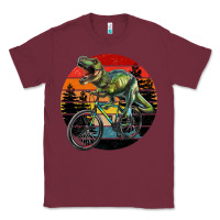 Burgundy t rex dinosaur riding bicycle with retro forest sunset Classic Tee - RanaPortraitStore