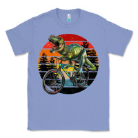 Colony Blue t rex dinosaur riding bicycle with retro forest sunset Classic Tee - RanaPortraitStore