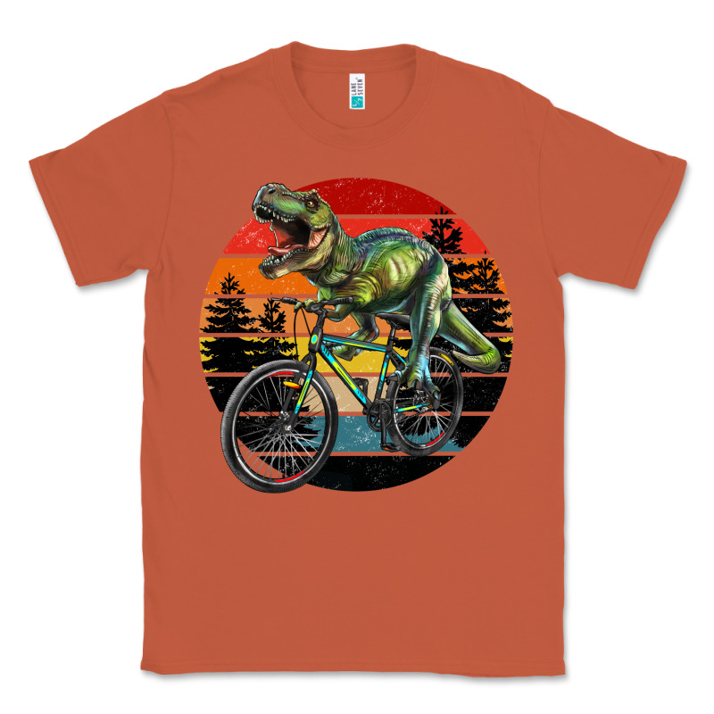 T Rex Dinosaur Riding Bicycle With Retro Forest Sunset Classic Tee by RanaPortraitStore | Teevron