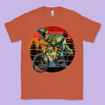 T Rex Dinosaur Riding Bicycle With Retro Forest Sunset Classic Tee Designed By Ranaportraitstore