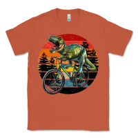 Copper t rex dinosaur riding bicycle with retro forest sunset Classic Tee - RanaPortraitStore