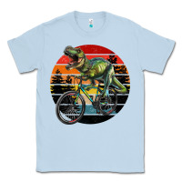Dusty Blue t rex dinosaur riding bicycle with retro forest sunset Classic Tee - RanaPortraitStore