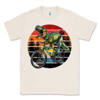Natural t rex dinosaur riding bicycle with retro forest sunset Classic Tee - RanaPortraitStore
