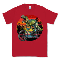 Red t rex dinosaur riding bicycle with retro forest sunset Classic Tee - RanaPortraitStore