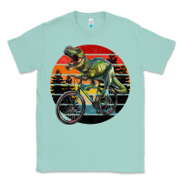 Seafoam t rex dinosaur riding bicycle with retro forest sunset Classic Tee - RanaPortraitStore