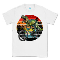 White t rex dinosaur riding bicycle with retro forest sunset Classic Tee - RanaPortraitStore