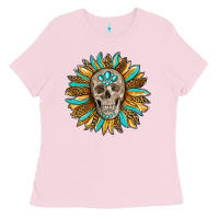 Bubblegum Pink sunflower with skull Ladies Tee - RanaPortraitStore