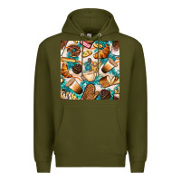 Army Green bakery coffee cups cookie and donut with turquoise glitter seamless pa Premium Hoodie - BundleAndBundleShop