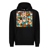Black bakery coffee cups cookie and donut with turquoise glitter seamless pa Premium Hoodie - BundleAndBundleShop