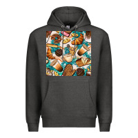 Charcoal Heather bakery coffee cups cookie and donut with turquoise glitter seamless pa Premium Hoodie - BundleAndBundleShop