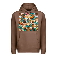 Chestnut bakery coffee cups cookie and donut with turquoise glitter seamless pa Premium Hoodie - BundleAndBundleShop
