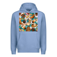 Colony Blue bakery coffee cups cookie and donut with turquoise glitter seamless pa Premium Hoodie - BundleAndBundleShop