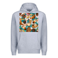 Heather Grey bakery coffee cups cookie and donut with turquoise glitter seamless pa Premium Hoodie - BundleAndBundleShop