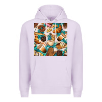 Lilac bakery coffee cups cookie and donut with turquoise glitter seamless pa Premium Hoodie - BundleAndBundleShop